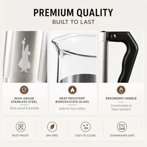 Bialetti Kaffeepresse Preziosa, French Press Filter für Kaffee oder Tee, Gehäuse aus Edelstahl und Behälter aus Borosilikatglas, spülmaschinenfest, 1 Liter, 8 Tassen, Silber
