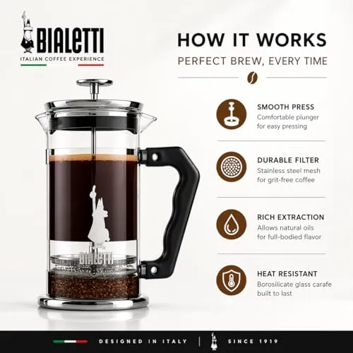 Bialetti Kaffeepresse Preziosa, French Press Filter für Kaffee oder Tee, Gehäuse aus Edelstahl und Behälter aus Borosilikatglas, spülmaschinenfest, 1 Liter, 8 Tassen, Silber