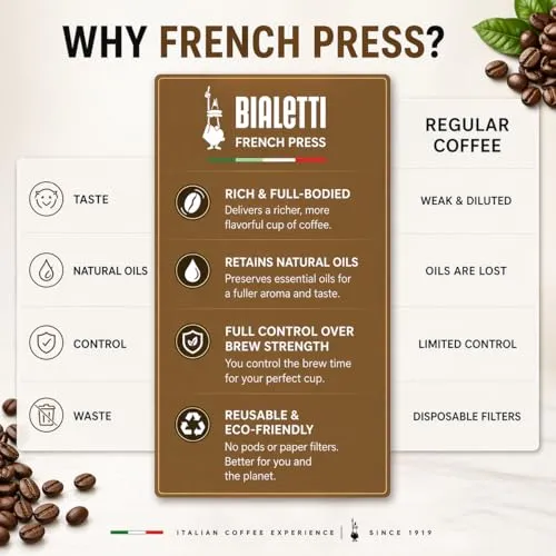Bialetti Kaffeepresse Preziosa, French Press Filter für Kaffee oder Tee, Gehäuse aus Edelstahl und Behälter aus Borosilikatglas, spülmaschinenfest, 1 Liter, 8 Tassen, Silber