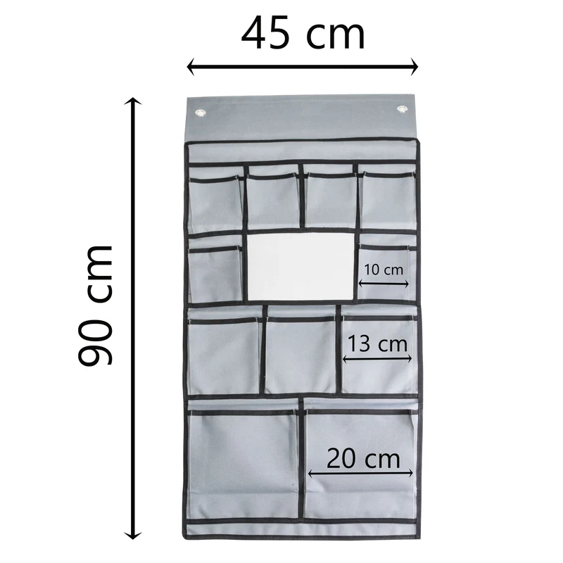 Wohnwagen-Hängeorganizer mit 11 Fächern und Spiegel 90 x 45 cm grau/schwarz - Aufhängung mittels Ösen Klettverschluss oder Keder Hängeaufbewahrung