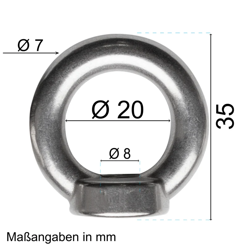 20x Edelstahl M8 Ringmutter V2A 304 - Ösenmutter Augenmutter Ringösen Traglast 350 kg Hebegeräte Hebezubehör Heberingmutter Hebering Loch für Kabelseil Eye nut Ähnlich-DIN582