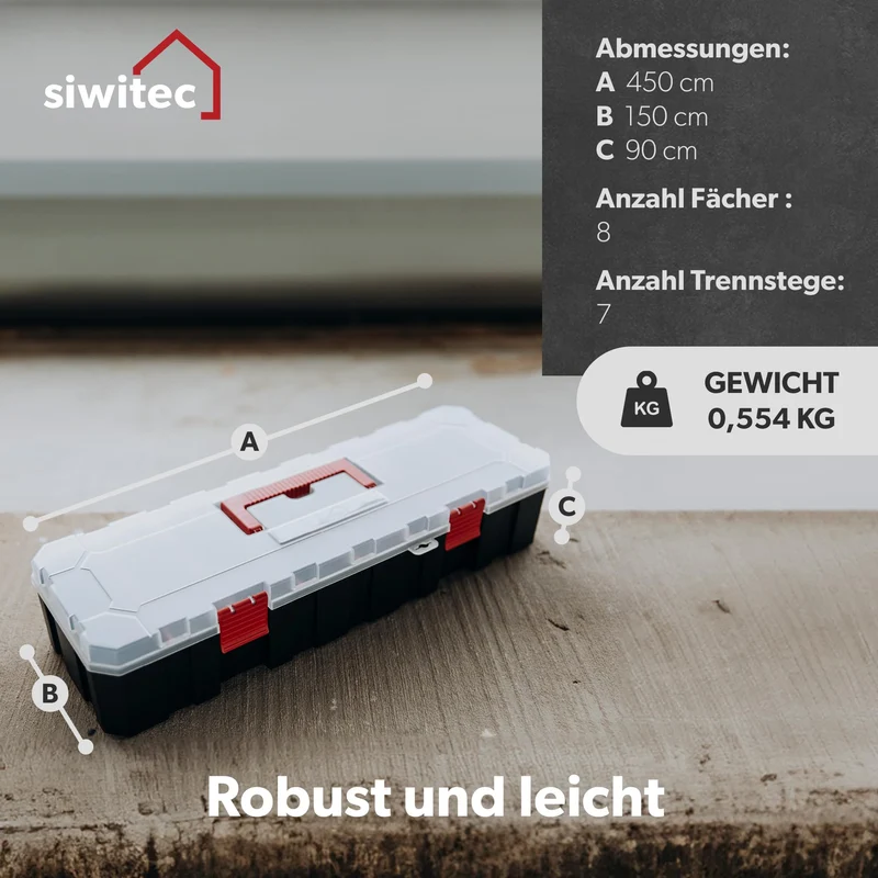 6 x siwitec Sortimentskasten mit 8 Fächern und 7 anpassbaren Trennstegen, Sortimentsbox für Kleinteile, Werkzeug Organizer, Kleinteilemagazin, Sortimentskoffer aus Kunststoff 450 x 150 x 90 mm