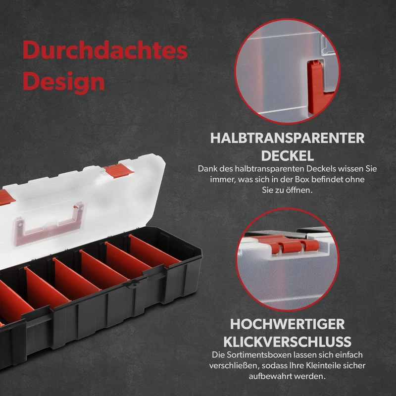 6 x siwitec Sortimentskasten mit 8 Fächern und 7 anpassbaren Trennstegen, Sortimentsbox für Kleinteile, Werkzeug Organizer, Kleinteilemagazin, Sortimentskoffer aus Kunststoff 450 x 150 x 90 mm