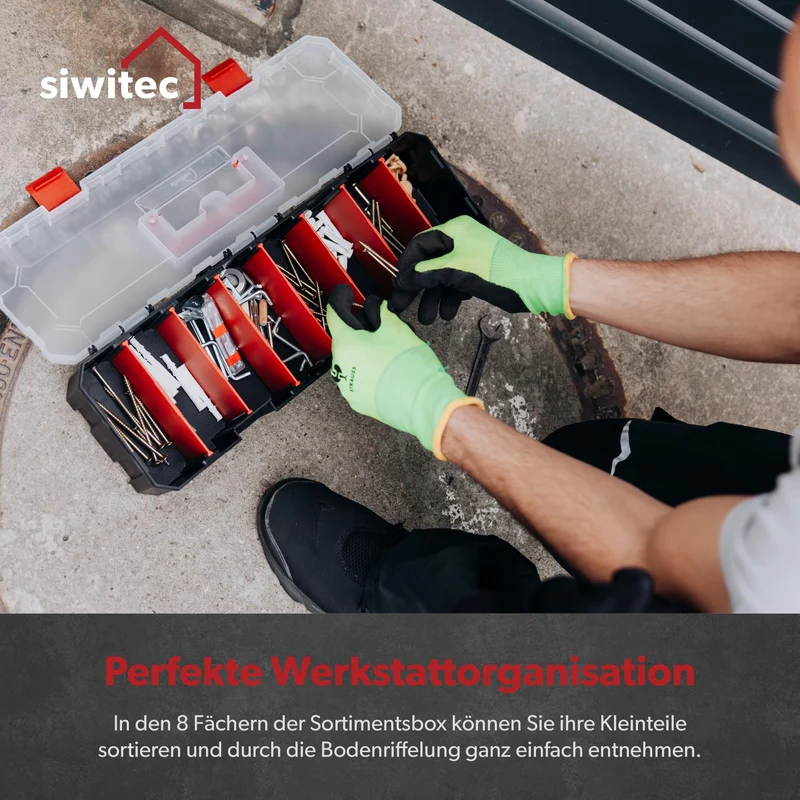 6 x siwitec Sortimentskasten mit 8 Fächern und 7 anpassbaren Trennstegen, Sortimentsbox für Kleinteile, Werkzeug Organizer, Kleinteilemagazin, Sortimentskoffer aus Kunststoff 450 x 150 x 90 mm