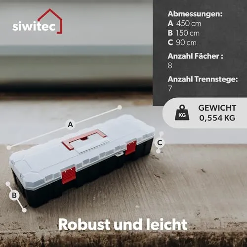 6 x siwitec Sortimentskasten mit 8 Fächern und 7 anpassbaren Trennstegen, Sortimentsbox für Kleinteile, Werkzeug Organizer, Kleinteilemagazin, Sortimentskoffer aus Kunststoff 450 x 150 x 90 mm