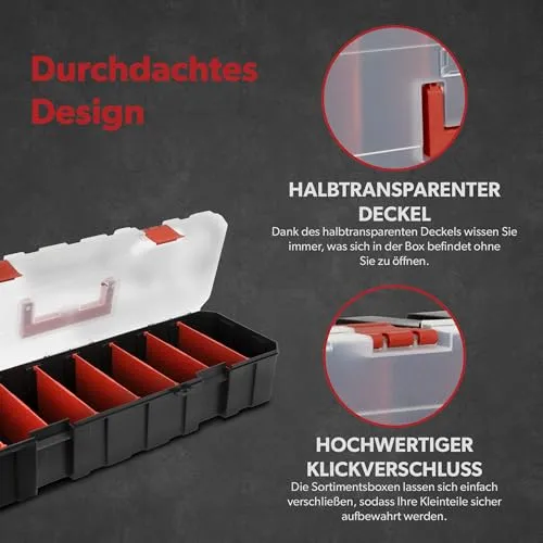 6 x siwitec Sortimentskasten mit 8 Fächern und 7 anpassbaren Trennstegen, Sortimentsbox für Kleinteile, Werkzeug Organizer, Kleinteilemagazin, Sortimentskoffer aus Kunststoff 450 x 150 x 90 mm