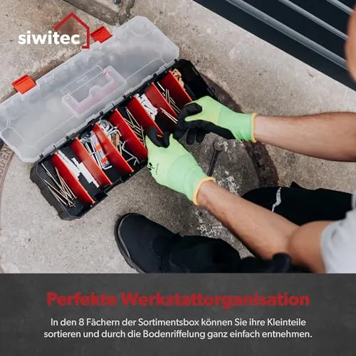 6 x siwitec Sortimentskasten mit 8 Fächern und 7 anpassbaren Trennstegen, Sortimentsbox für Kleinteile, Werkzeug Organizer, Kleinteilemagazin, Sortimentskoffer aus Kunststoff 450 x 150 x 90 mm
