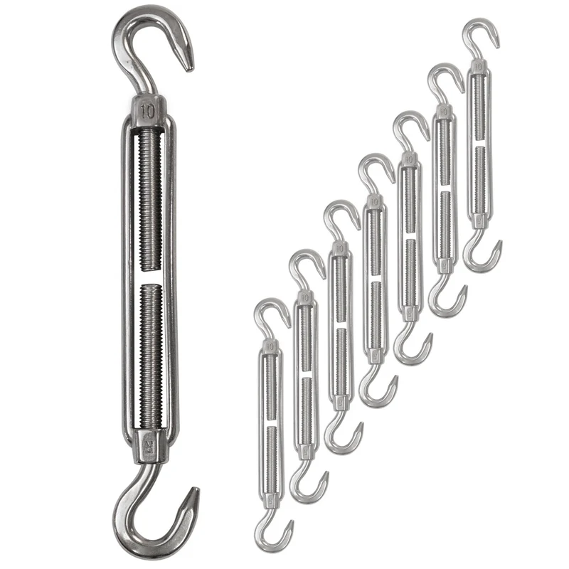 8 x Edelstahl Spannschloss Spannschraube D-10mm - M10 - beidseitig Haken - V2A - Seilspanner Segelspanner für Drahtseil - 22-34 cm lang Wantenspanner Bruchlast 800kg