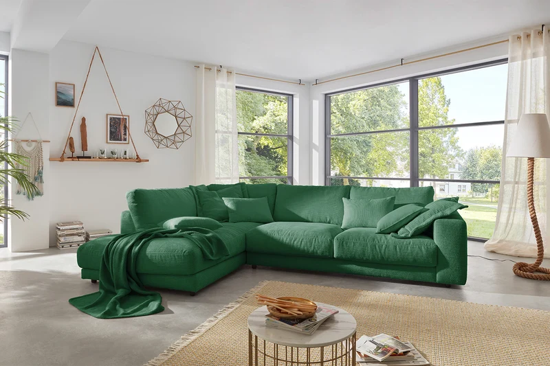 KAWOLA Sofa MADELINE Ecksofa mit Recamiere Cord smaragd
