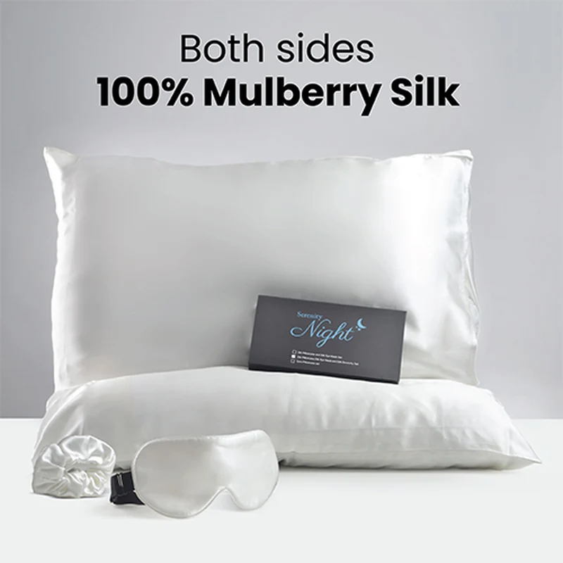 Serenity Night: Kissenbezug, Haargummi und Augenmaske aus 100% Maulbeerseiden, 40x80 cm und 23,5x10,5 cm, Elfenbein, 3-teilig