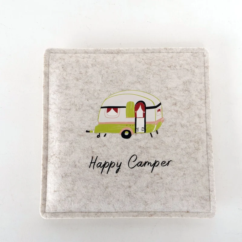 Filz Sitzkissen Happy Camper 35x35cm Beige Deko-Kissen Stuhlkissen Quadratisch