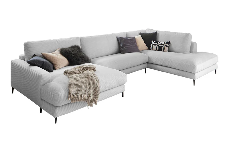 KAWOLA Sofa CARA Wohnlandschaft U-Form Cord hellgrau