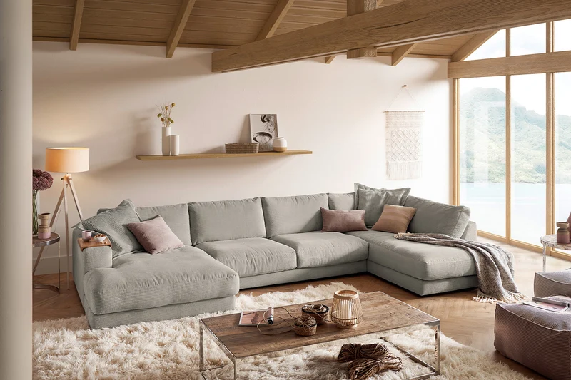 KAWOLA Sofa MADELINE Wohnlandschaft U-Form Cord steingrau