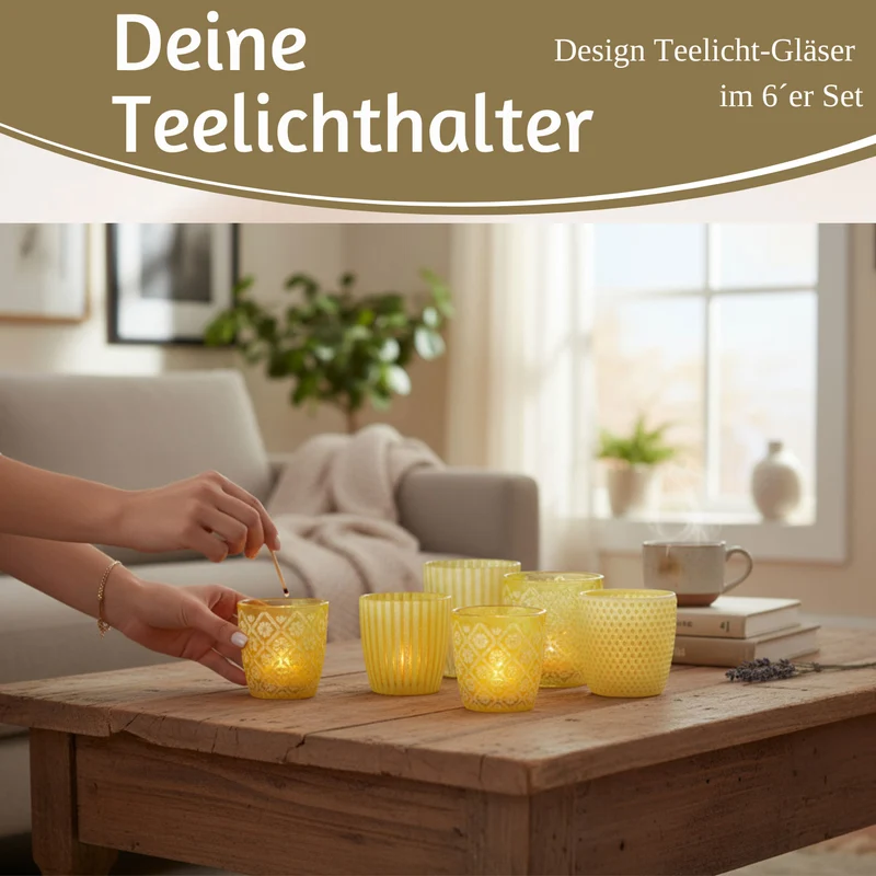 6x Glas Teelichthalter Retro Gelb 7-9cm Set Windlicht-Halter Kerzenständer