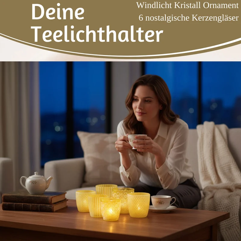 6x Glas Teelichthalter Retro Gelb 7-9cm Set Windlicht-Halter Kerzenständer