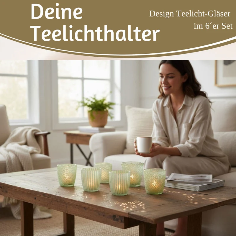 6x Glas Teelichthalter Retro Grün Weiß 7-9cm Set Windlicht-Halter Kerzenständer