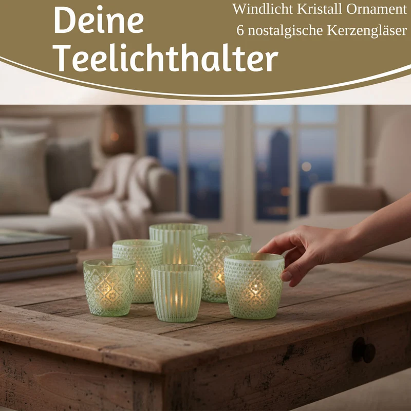 6x Glas Teelichthalter Retro Grün Weiß 7-9cm Set Windlicht-Halter Kerzenständer
