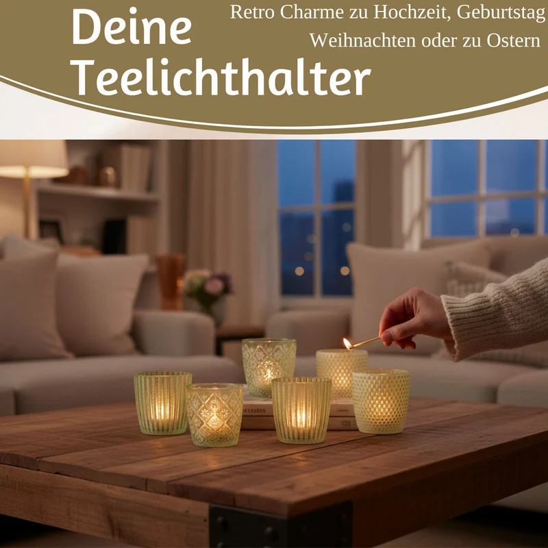 6x Glas Teelichthalter Retro Grün Weiß 7-9cm Set Windlicht-Halter Kerzenständer