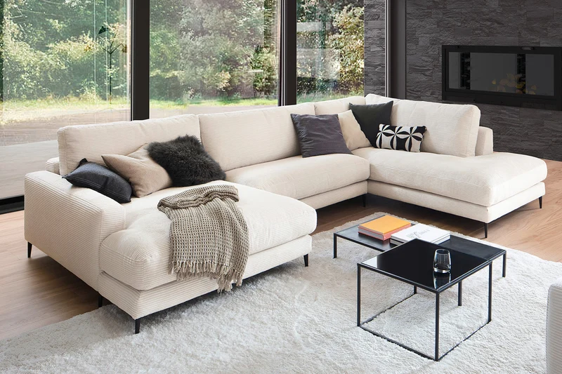 KAWOLA Sofa CARA Wohnlandschaft U-Form Cord cremeweiß