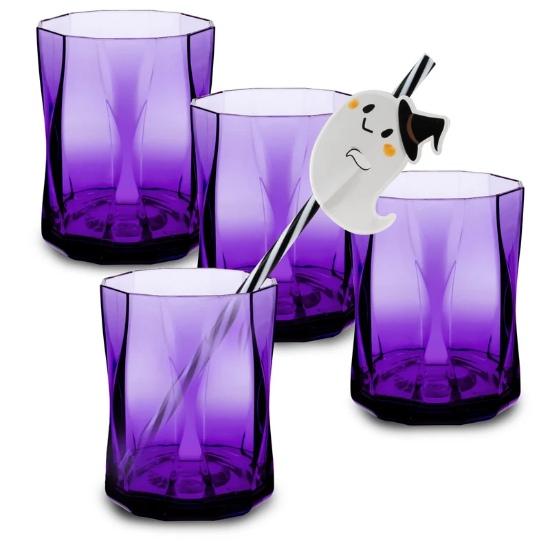 4x Halloween Party Gläser aus Acryl 300ml LILA - Tischdeko Trinkglas Acrylglas Kunststoff Wasserglas Garten Echtglasoptik Picknick Becher Kinder Senioren Longdrink Coktail