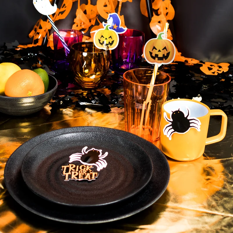 6 Stück Halloween Party-Trinkglas ORANGE 450 ml Trinkgläser - für 6 Personen - bruchfest Party Tischdeko Glas Set - Kunststoff Party Picknick Kinder Wasserglas