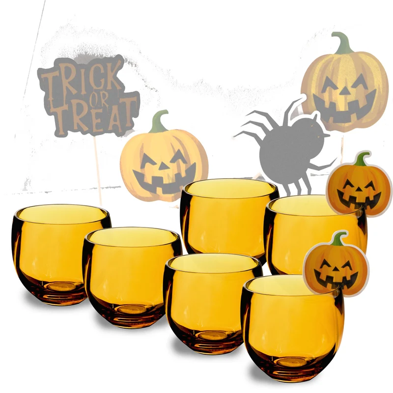 6x Halloween Party-Glas aus Acryl 400ml Orange - Tischdeko Acrylglas Kunststoff Wasserglas Garten Echtglasoptik Picknick Becher Kinder Senioren Longdrink Coktail