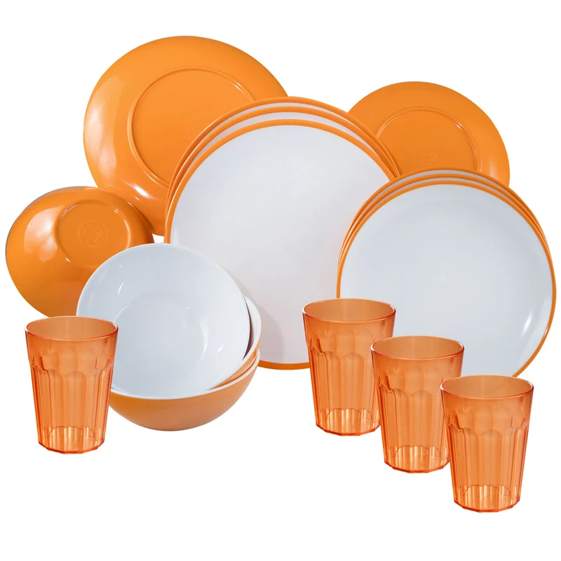 Melamin Geschirr und Acryl Glas Set für 4 Personen - 16 Teile - Campinggeschirr - gelb weiß - mit Trinkglas 450 ml Gläsern - Essgeschirr
