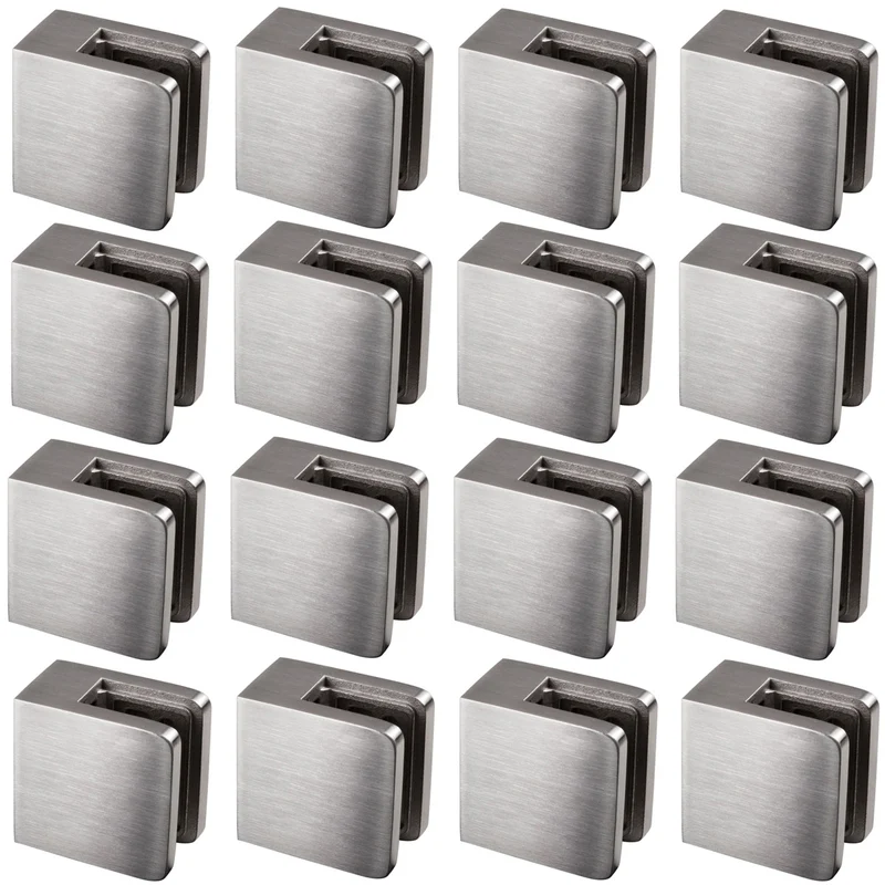 16x Edelstahl Glashalter eckig für 10 mm Glas - Glasklemme flach für gerade Flächen Geländer Sicherung