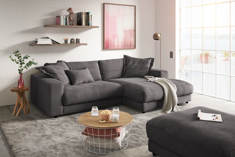 KAWOLA Sofa MADELINE Ecksofa mit Longchair Cord grau