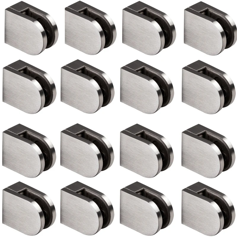 16x Edelstahl Glashalter halbrund für 10 mm Glas - Glasklemme flach für gerade Flächen Geländer Sicherung