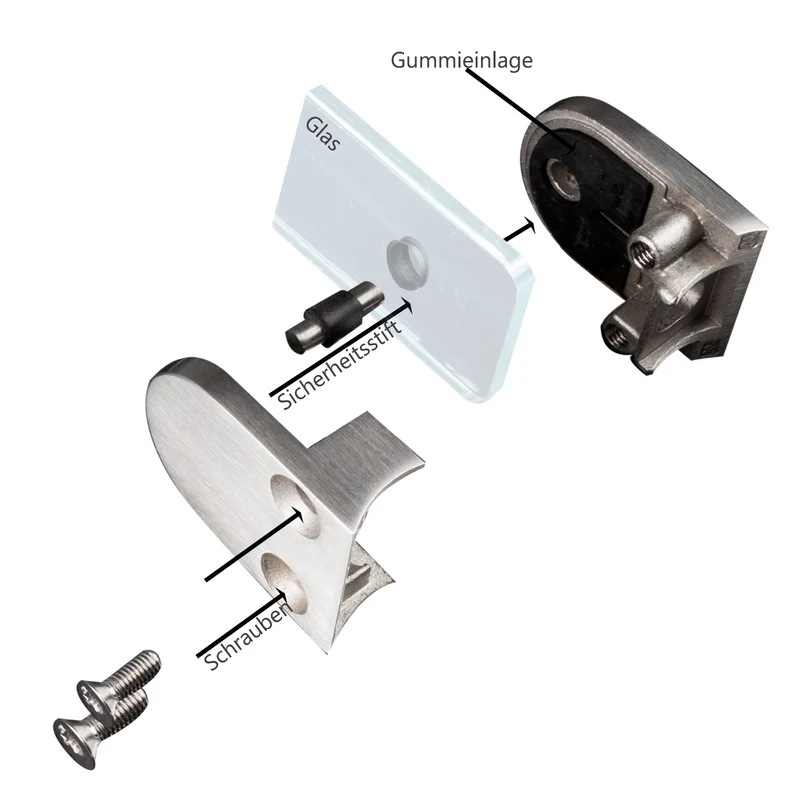 8x Edelstahl Glashalter halbrund für 6 mm Glas - Glasklemme flach für gerade Flächen Geländer Sicherung