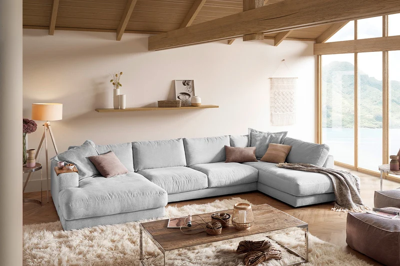 KAWOLA Sofa MADELINE Wohnlandschaft U-Form Cord hellgrau