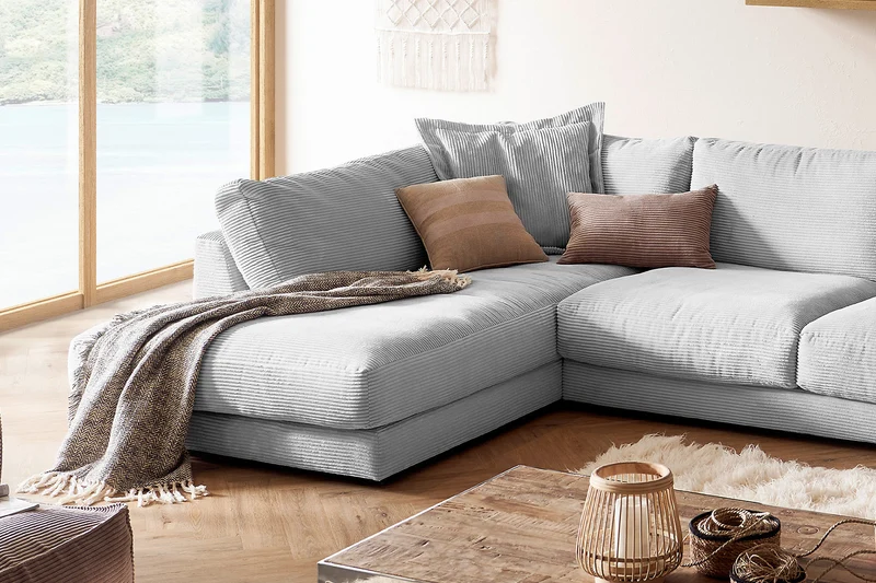 KAWOLA Sofa MADELINE Wohnlandschaft U-Form Cord hellgrau