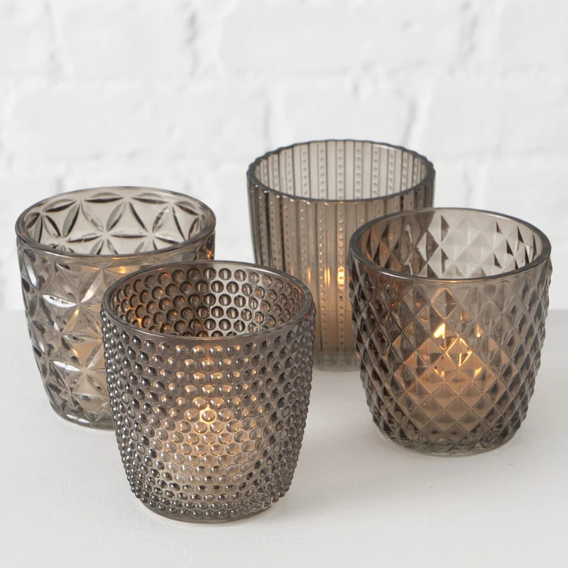 4´er Set Glas Teelichthalter Retro Grau 7cm Teelichtglas Windlicht-Halter
