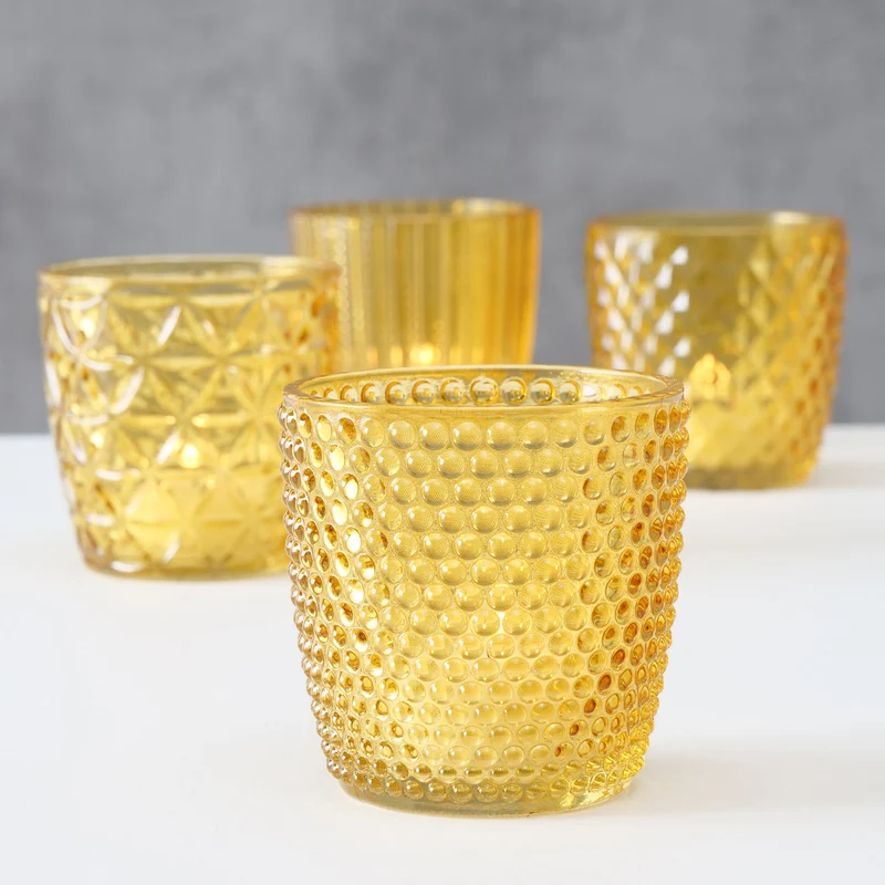 4´er Set Glas Teelichthalter Retro Gelb 7cm Teelichtglas Windlicht-Halter