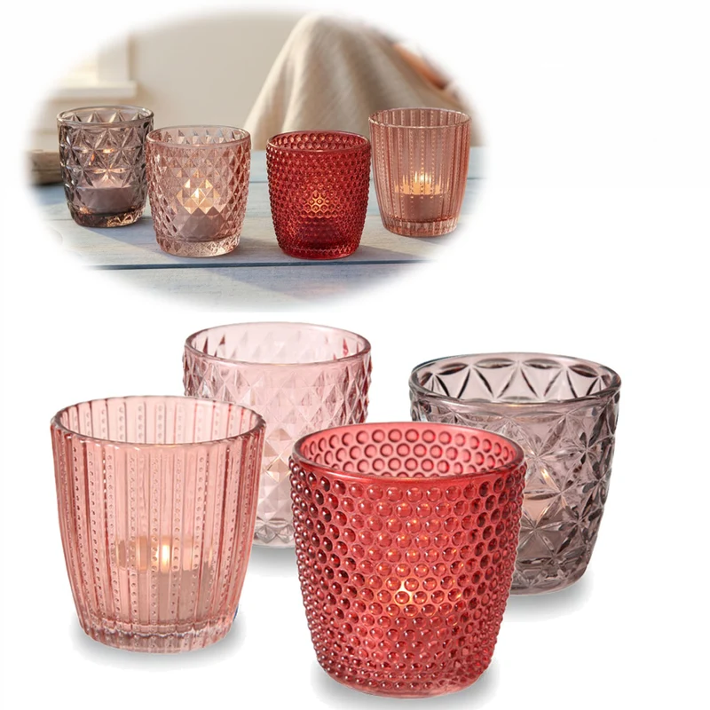 4´er Set Glas Teelichthalter Retro Rosa Rose 7cm Teelichtglas Windlicht-Halter