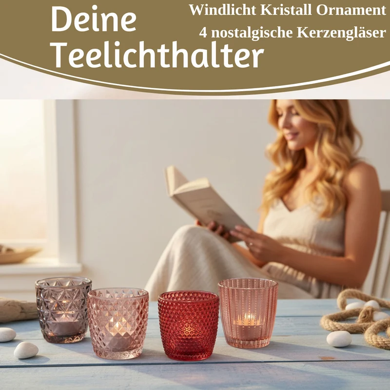 4´er Set Glas Teelichthalter Retro Rosa Rose 7cm Teelichtglas Windlicht-Halter