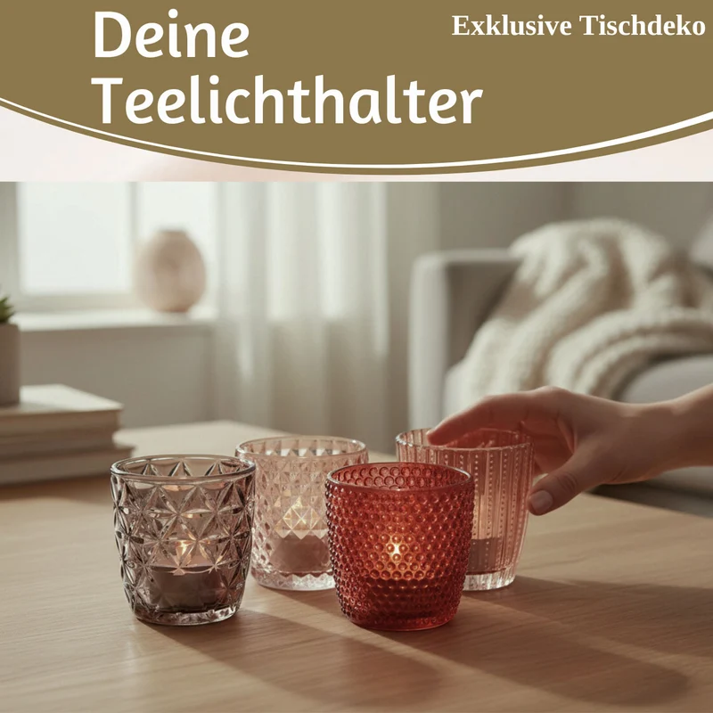 4´er Set Glas Teelichthalter Retro Rosa Rose 7cm Teelichtglas Windlicht-Halter