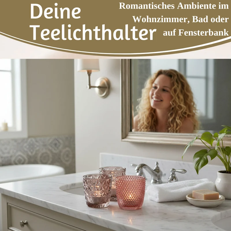 4´er Set Glas Teelichthalter Retro Rosa Rose 7cm Teelichtglas Windlicht-Halter
