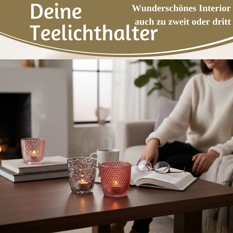 4´er Set Glas Teelichthalter Retro Rosa Rose 7cm Teelichtglas Windlicht-Halter