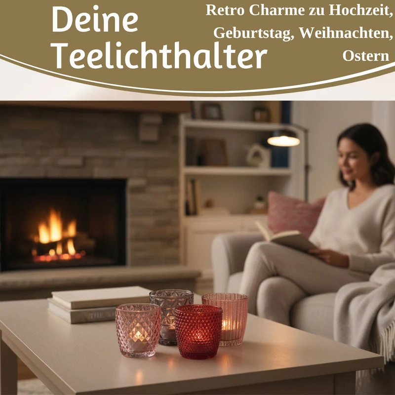 4´er Set Glas Teelichthalter Retro Rosa Rose 7cm Teelichtglas Windlicht-Halter