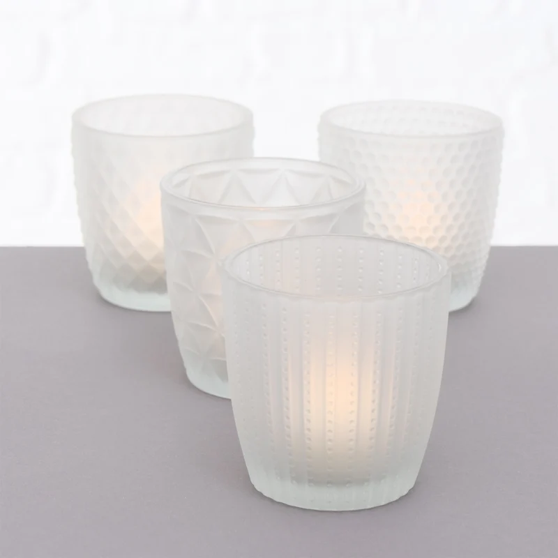 4´er Set Glas Teelichthalter Retro Weiß Matt 7cm Teelichtglas Windlicht-Halter