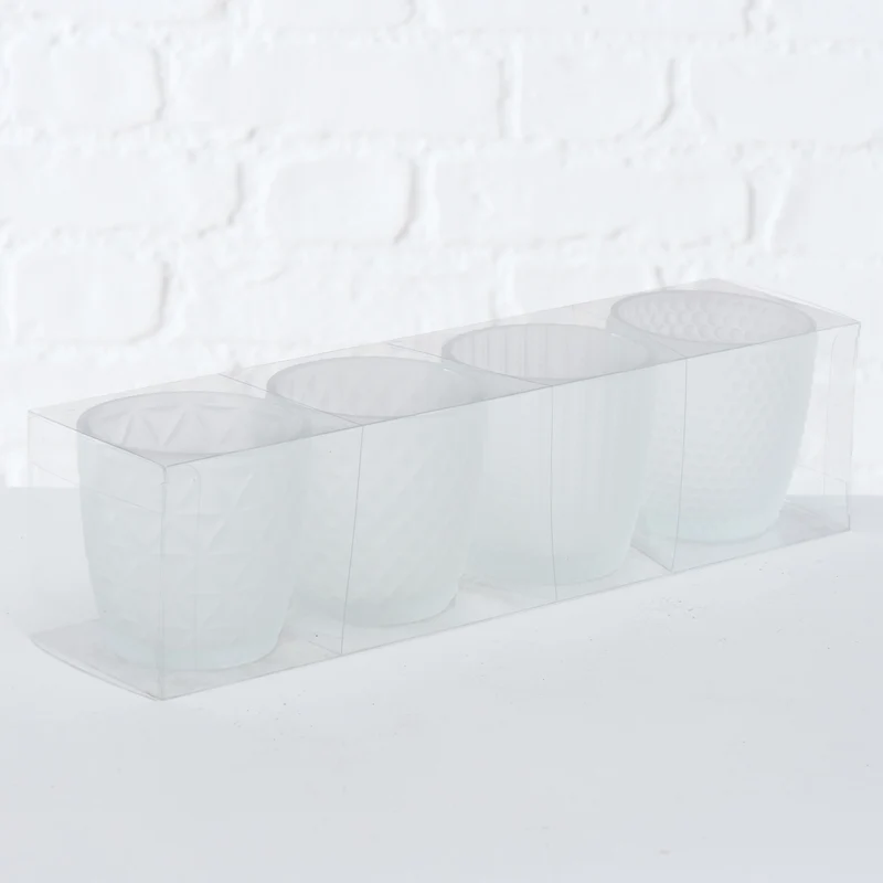 4´er Set Glas Teelichthalter Retro Weiß Matt 7cm Teelichtglas Windlicht-Halter