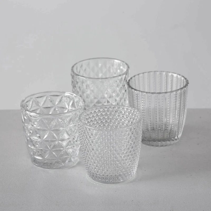 4´er Set Glas Teelichthalter Retro Weiß Klar 7cm Teelichtglas Windlicht-Halter