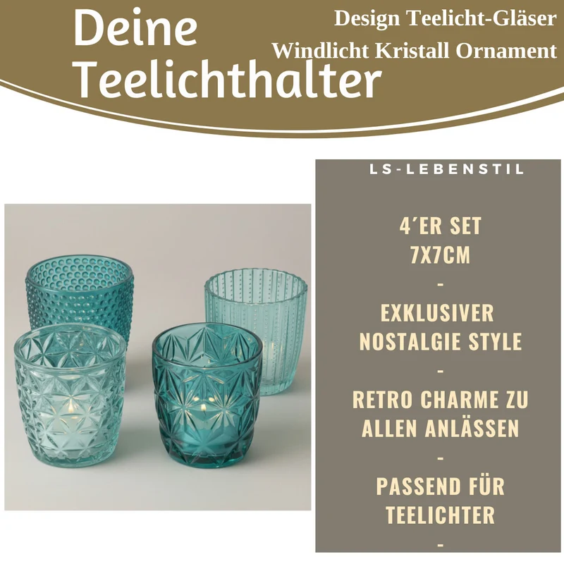 4´er Set Glas Teelichthalter Retro Türkis 7cm Teelichtglas Windlichthalter