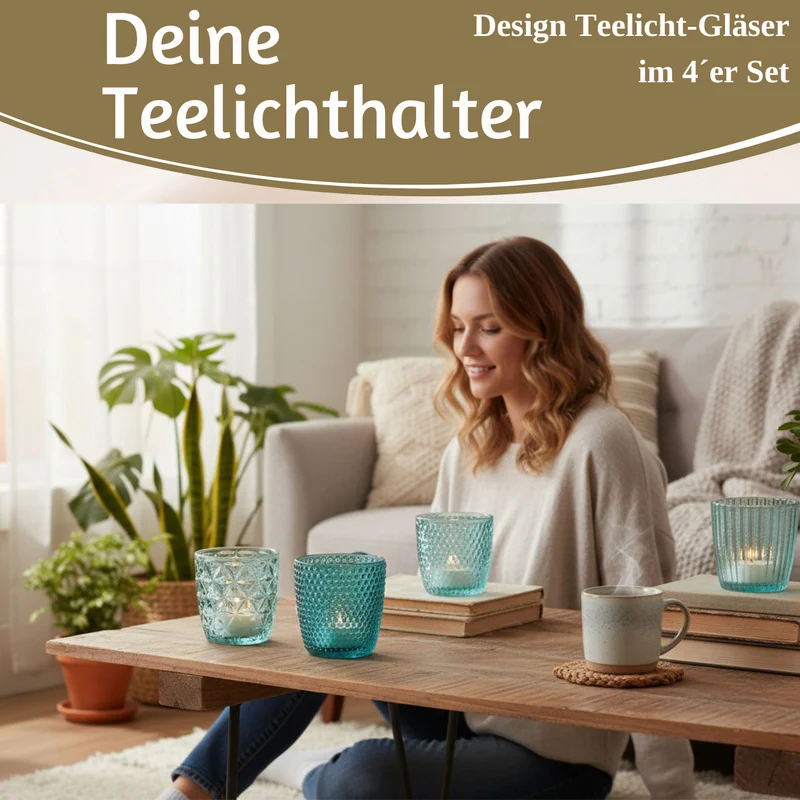 4´er Set Glas Teelichthalter Retro Türkis 7cm Teelichtglas Windlichthalter