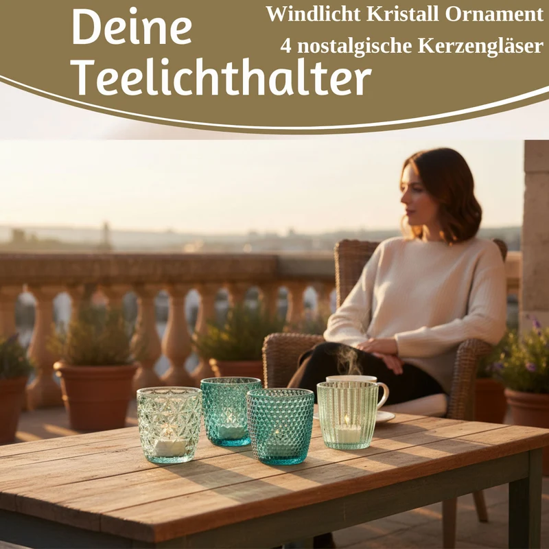 4´er Set Glas Teelichthalter Retro Türkis 7cm Teelichtglas Windlichthalter