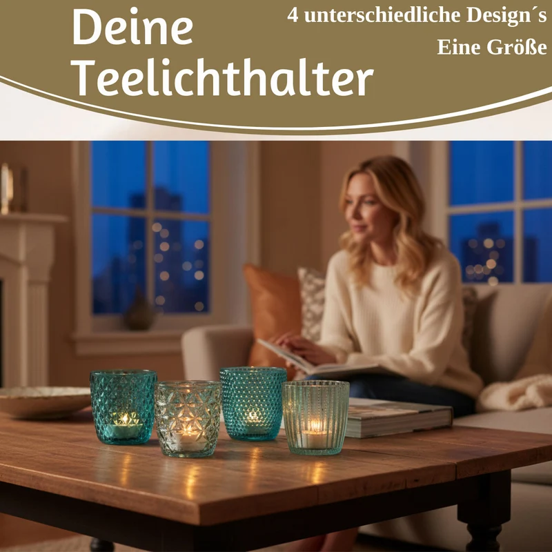 4´er Set Glas Teelichthalter Retro Türkis 7cm Teelichtglas Windlichthalter