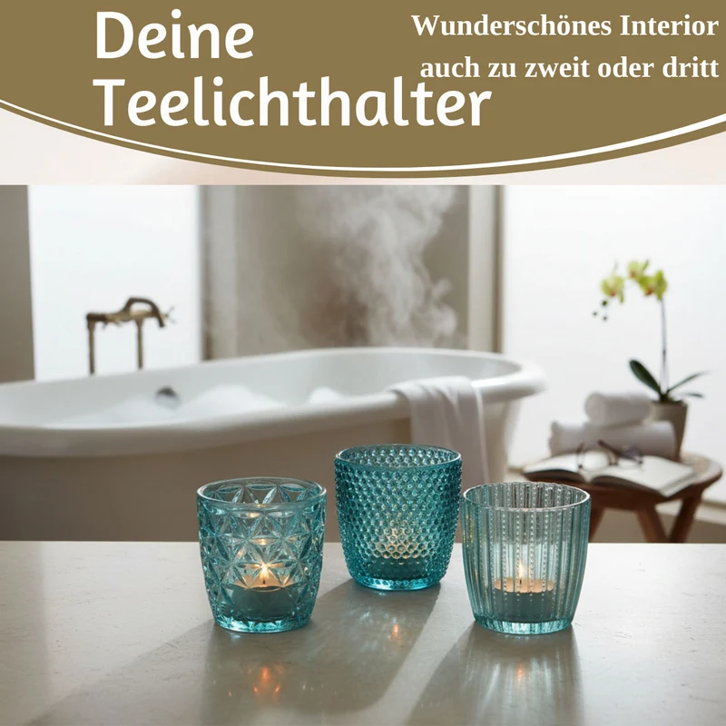 4´er Set Glas Teelichthalter Retro Türkis 7cm Teelichtglas Windlichthalter