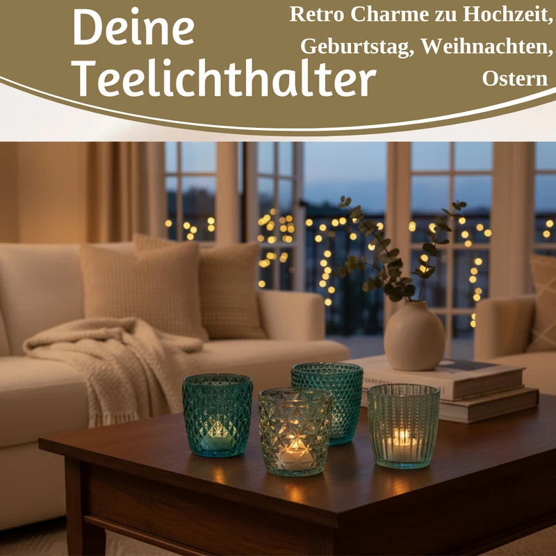 4´er Set Glas Teelichthalter Retro Türkis 7cm Teelichtglas Windlichthalter